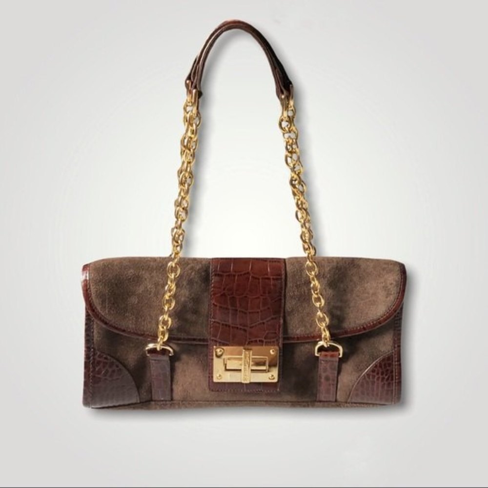 RALPH Lauren Bag Y2K Baguette Shoulder Genuine Suede and Croc Embossed Leather